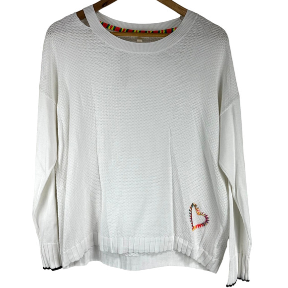 Lisa Todd Lover Embroidered Rainbow Heart Sweater in White Women's Size L NWT - Picture 1 of 9